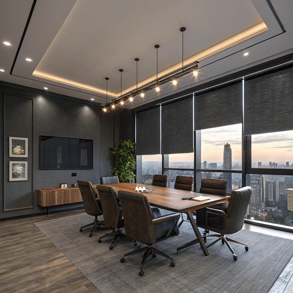 executive meeting room with blackout motorized blinds at sunset