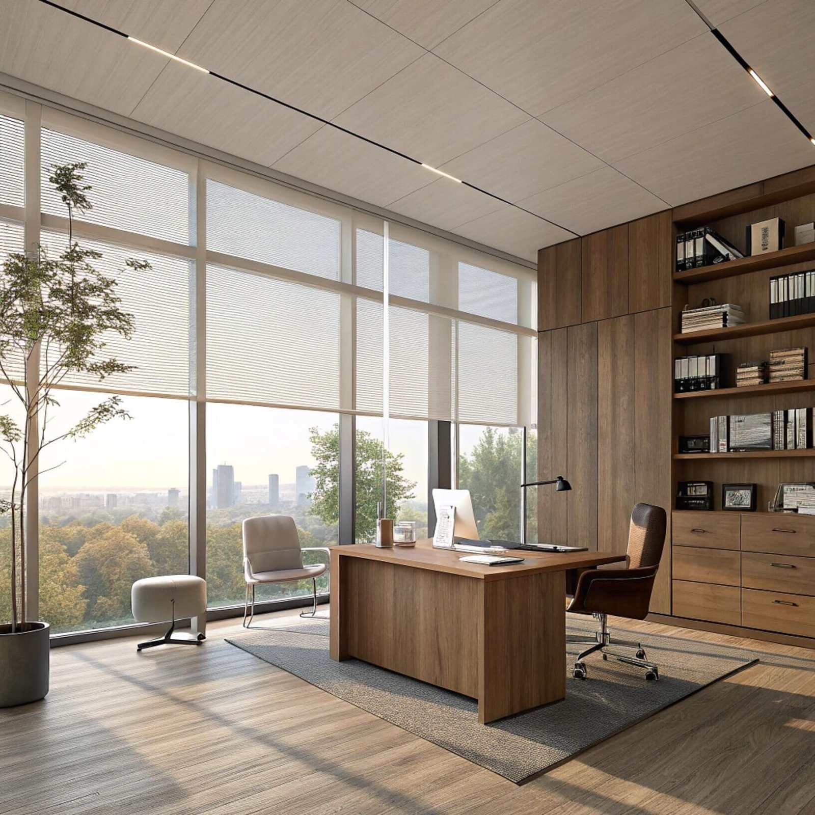 Executive office with wood furniture and automated blinds