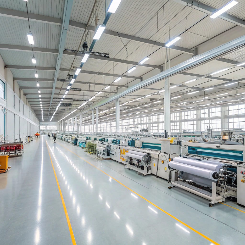 Spacious factory floor showcasing production lines for manufacturing window coverings