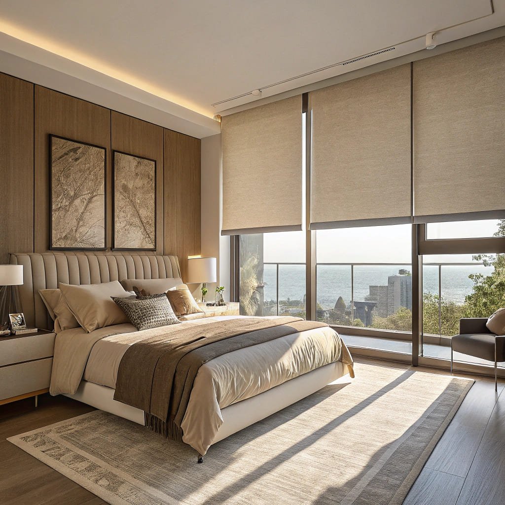 Elegant bedroom with sea view blinds, emphasizes comfort and style
