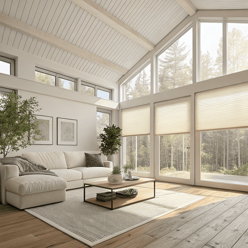 Contemporary room featuring large windows and blinds, maximizing comfort and style