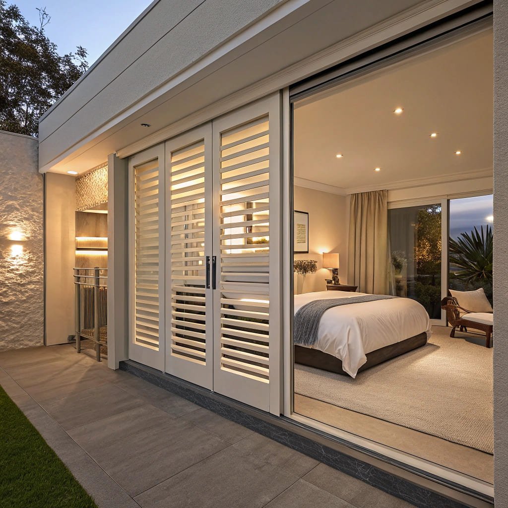 Bedroom with stylish blinds, providing privacy and elegance