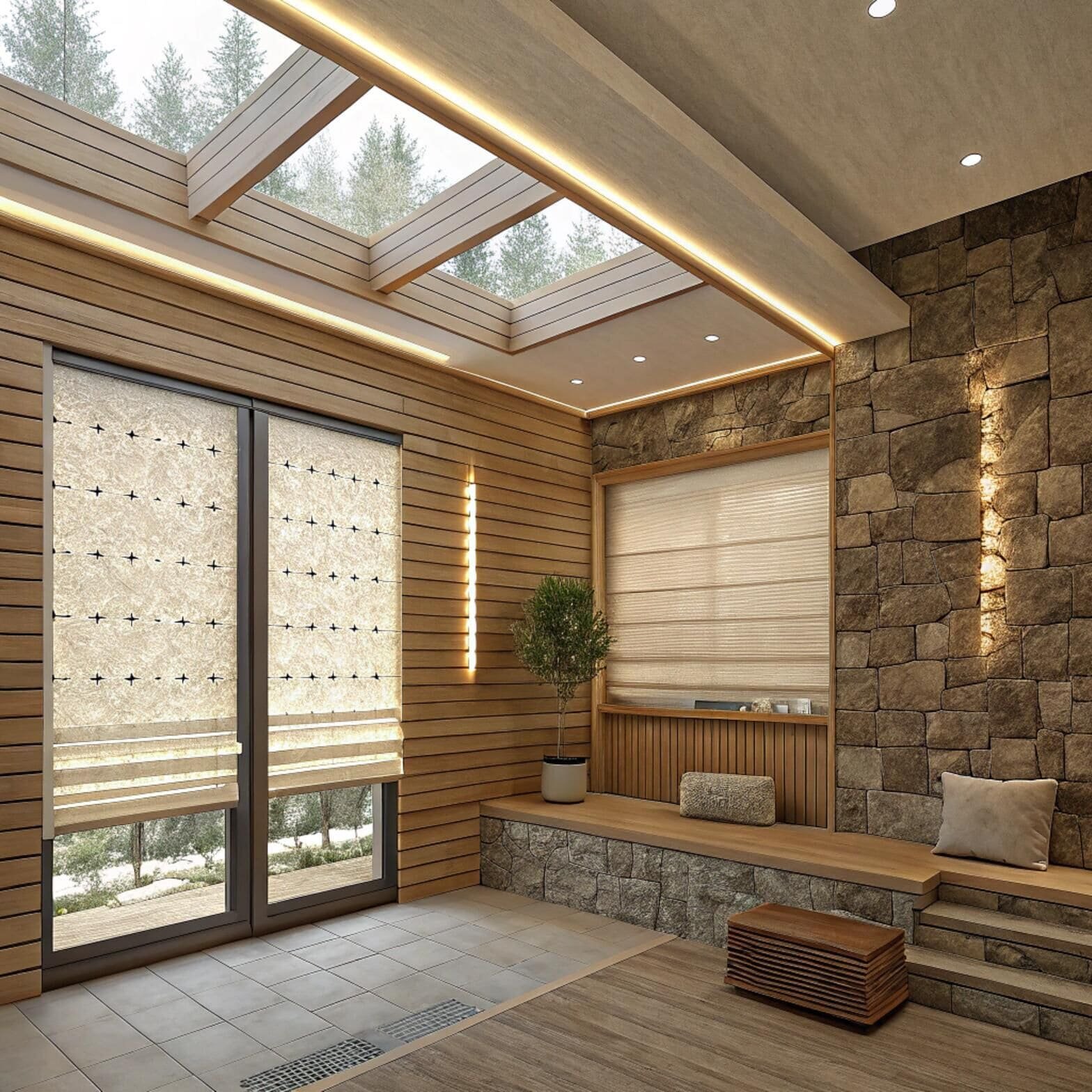 Spa relaxation room with patterned roller blinds and skylight
