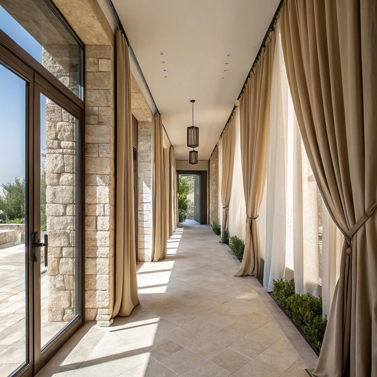 Elegant corridor with sheer cream curtains and stone walls
