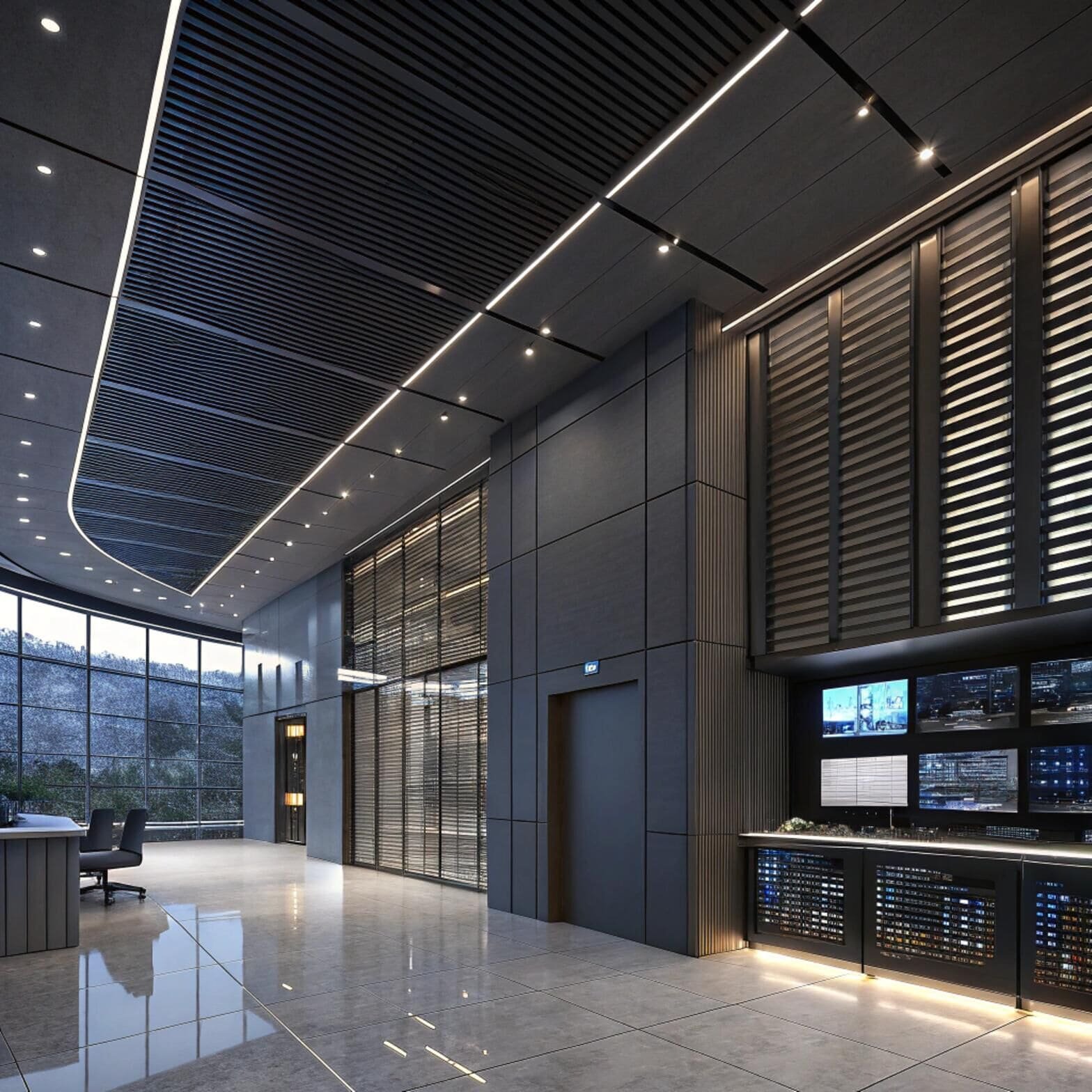 High-tech office with metallic blinds and control center