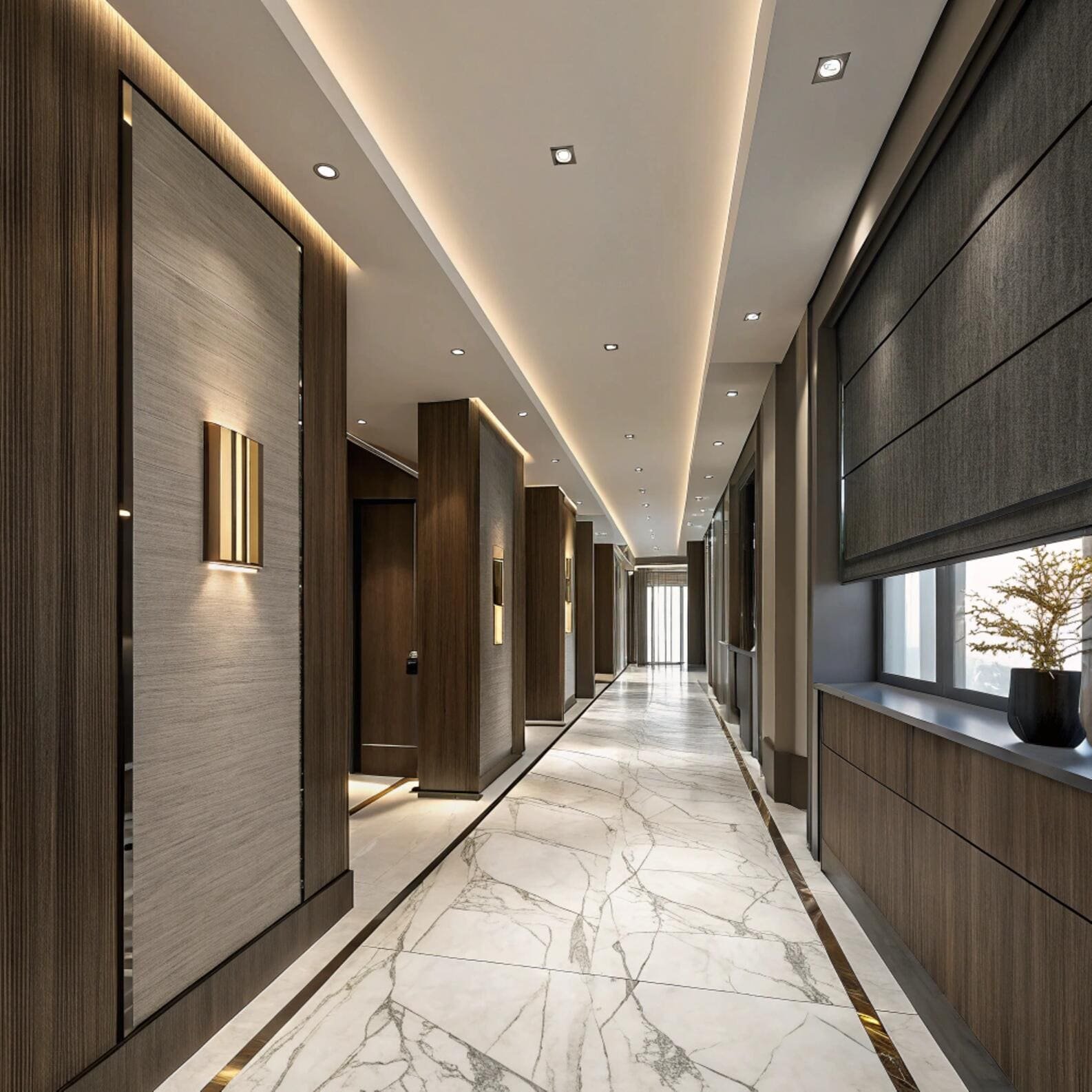 Modern office hallway with blackout roller shades