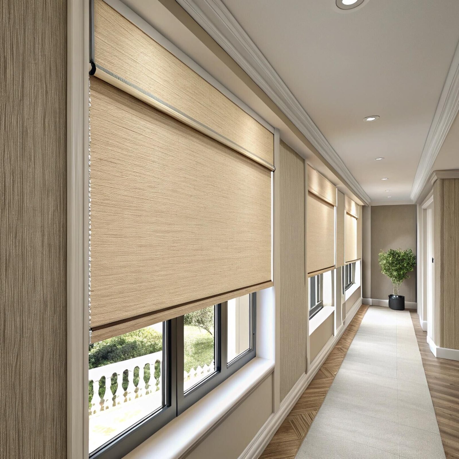 Hotel hallway with beige motorized roller shades