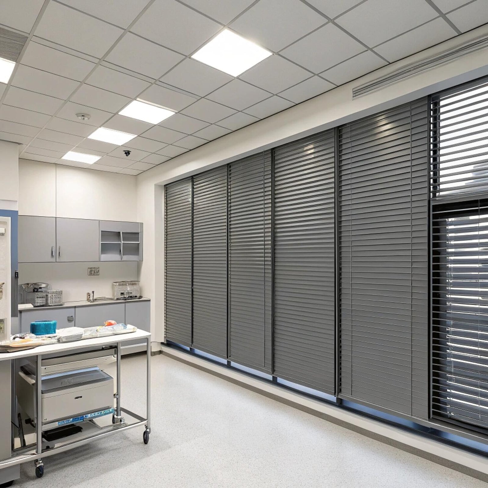 Medical facility with dark grey aluminum blinds