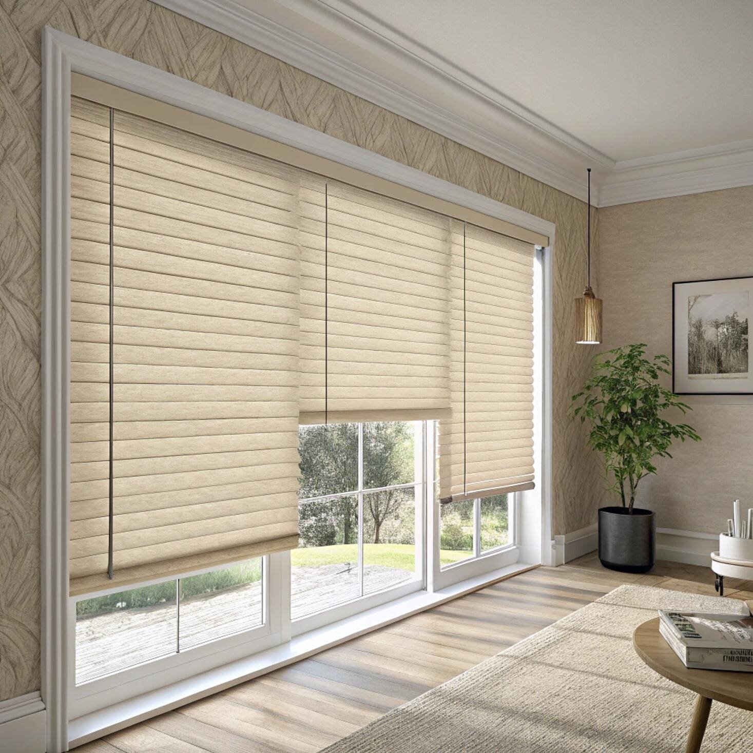 Living room with beige pleated blinds installed