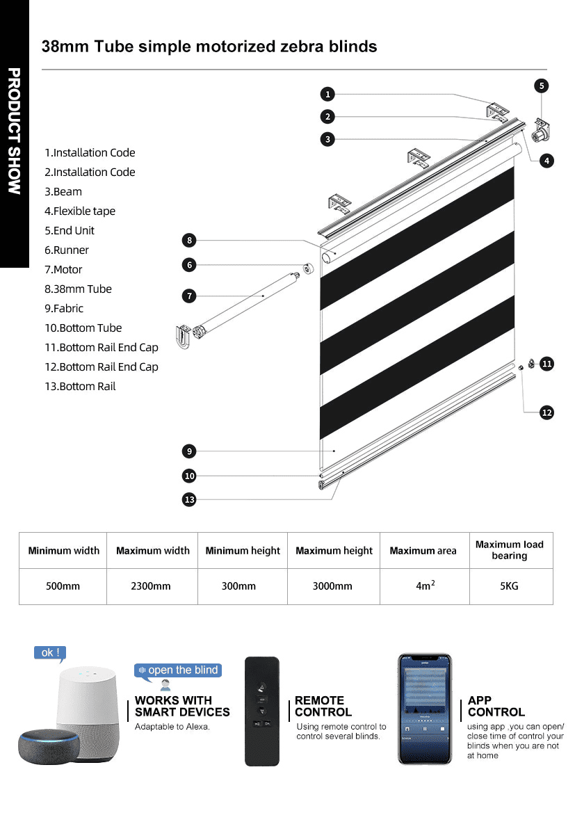 Diagram of motorized zebra blinds, illustrating smart control features