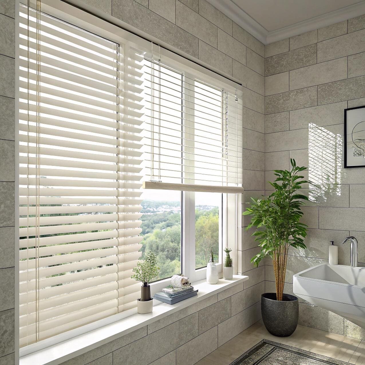 Bathroom with white aluminum window blinds
