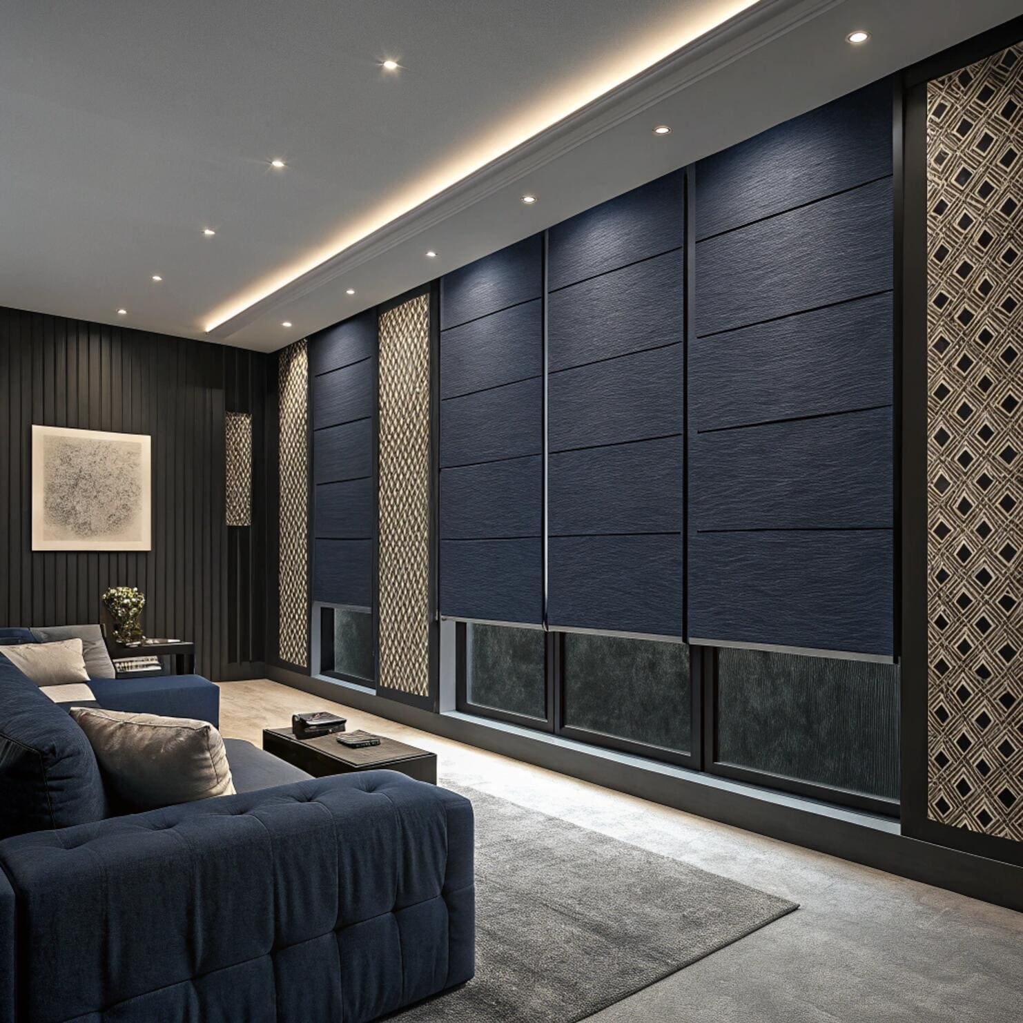 Modern living room with navy [blackout blinds](https://absolute-blinds.com/inspiration/the-benefits-of-blackout-blinds/)[^2]