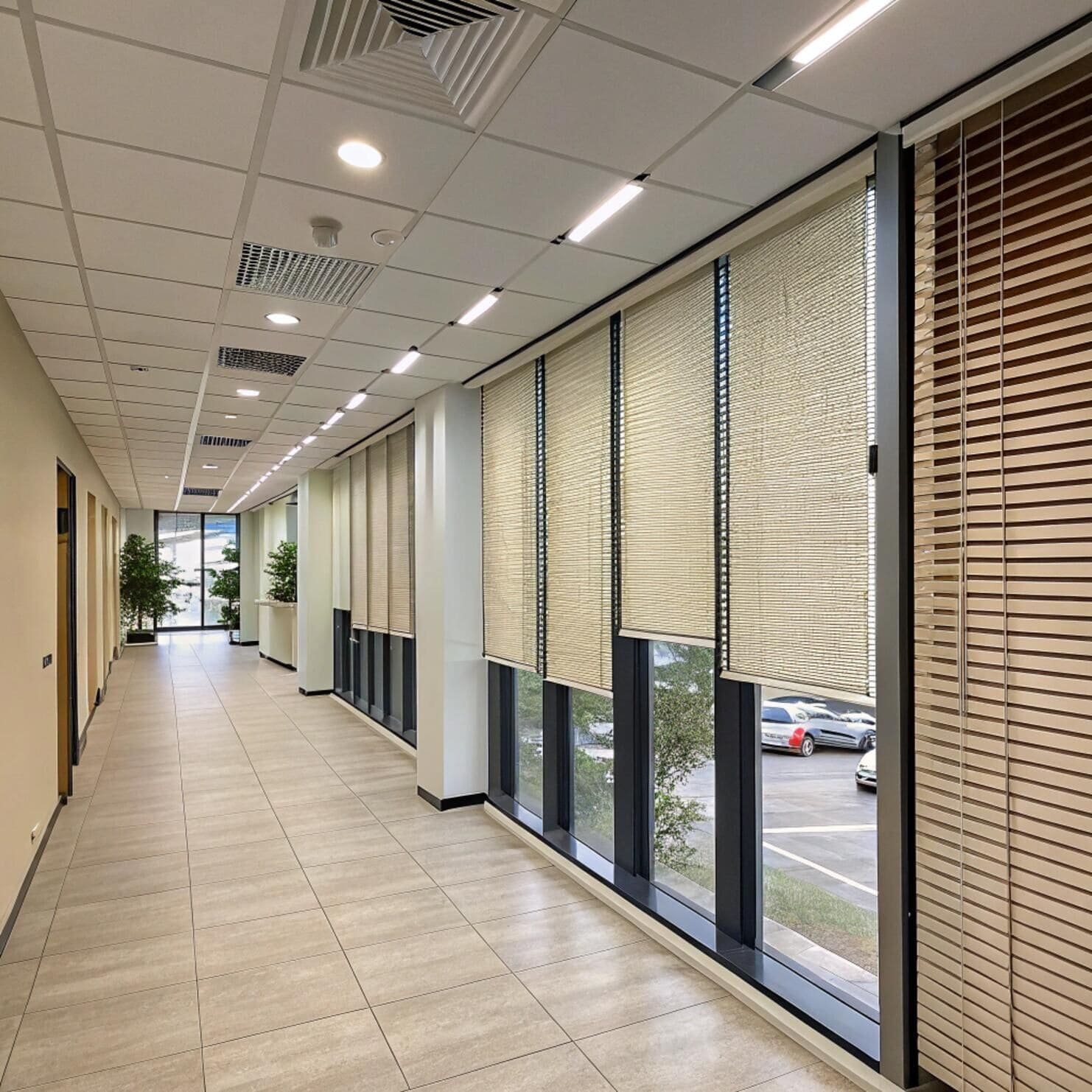Office corridor with roller blinds and wooden blinds