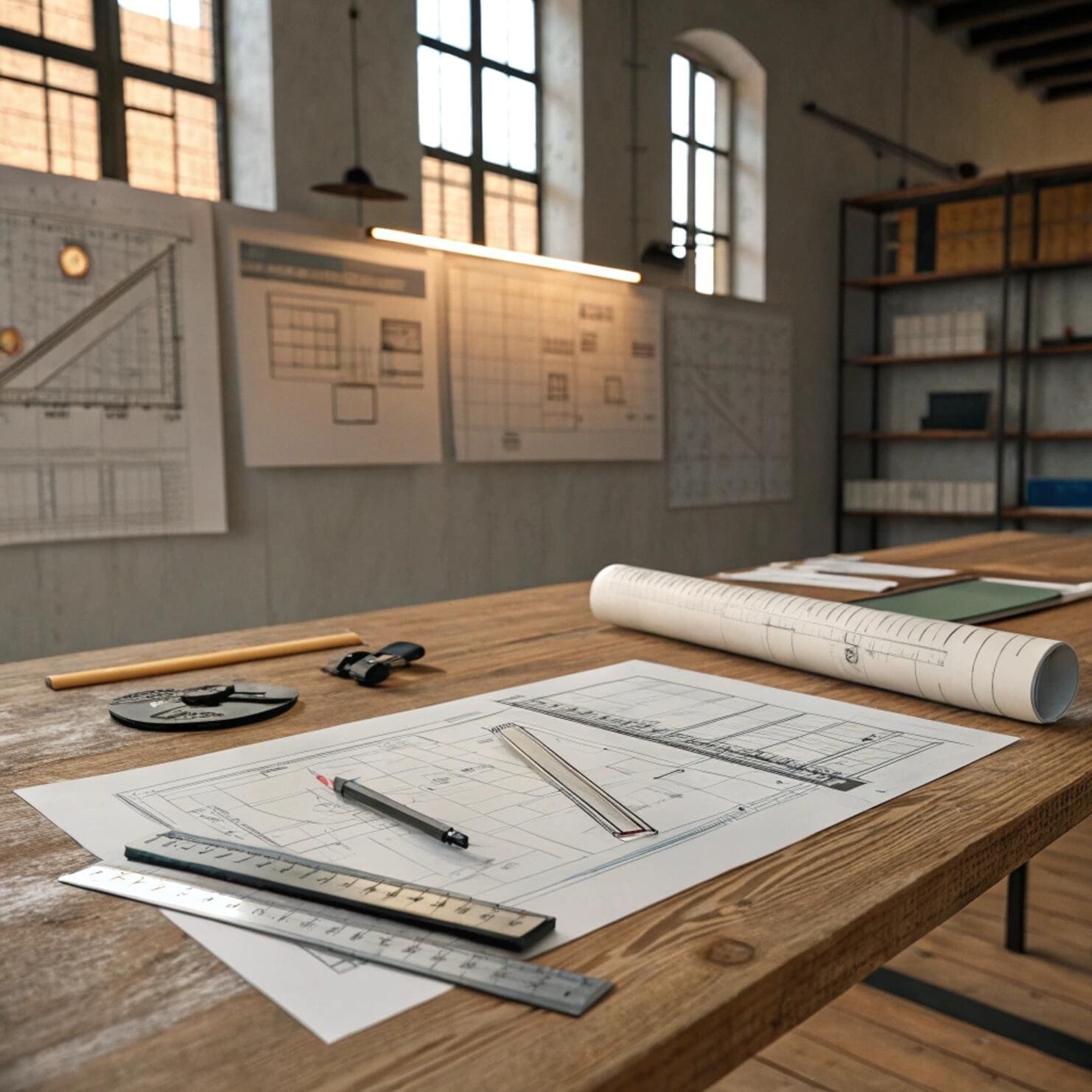Architectural office with blueprints and drafting tools