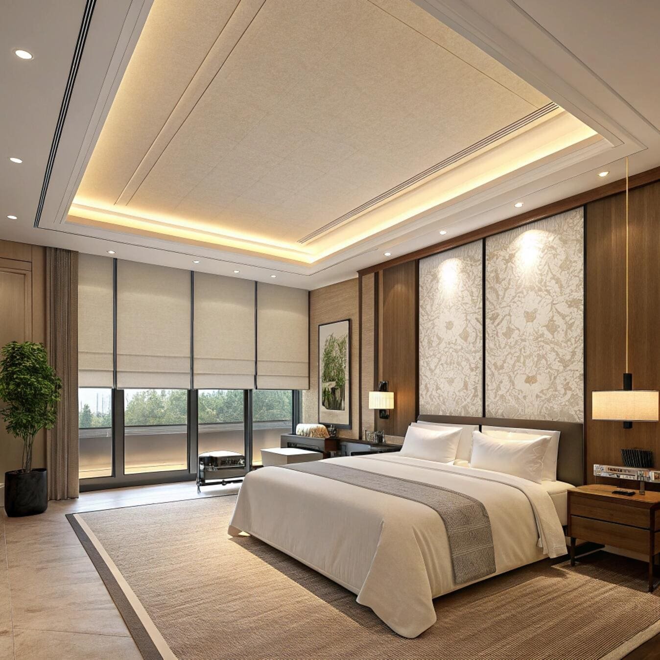 Luxury hotel bedroom with motorized window blinds