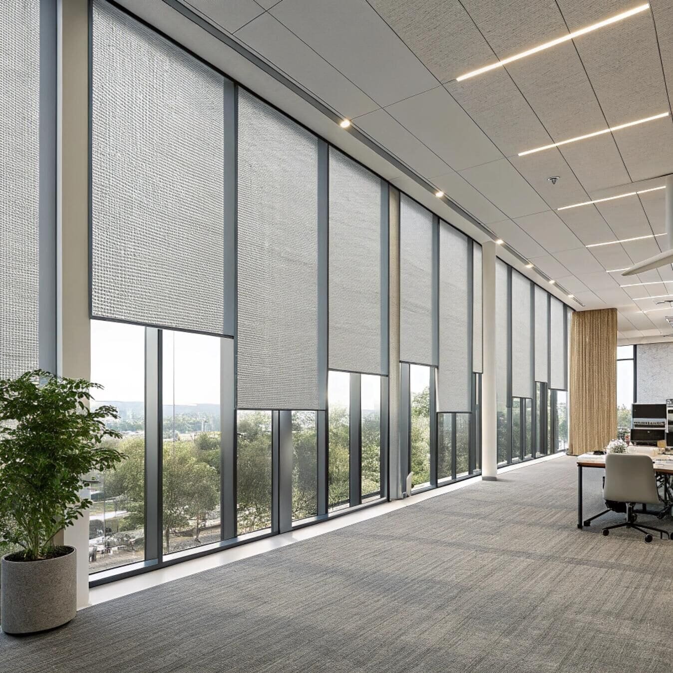 Panoramic office space with tall solar blinds