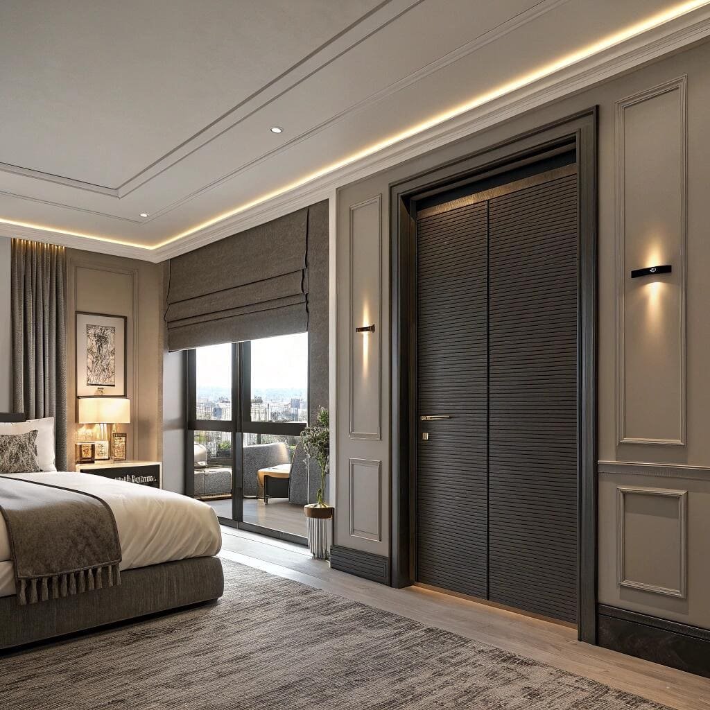 Luxury bedroom with grey roman blinds and ambient lighting