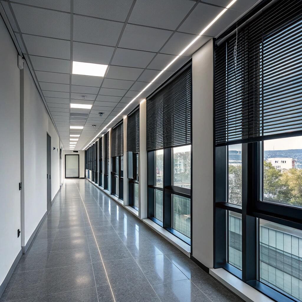 Office corridor with modern black venetian blinds
