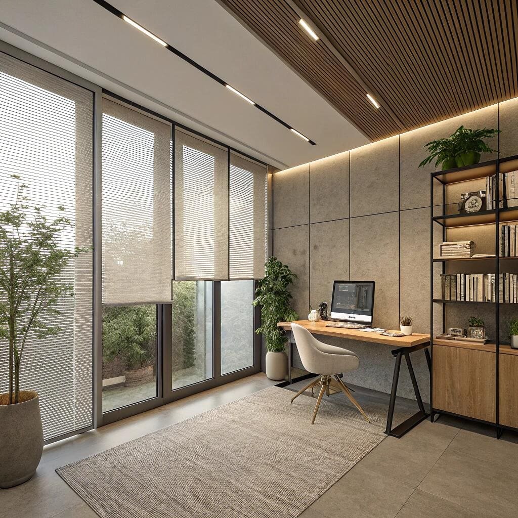 Scandinavian home office with daylight blinds and plants