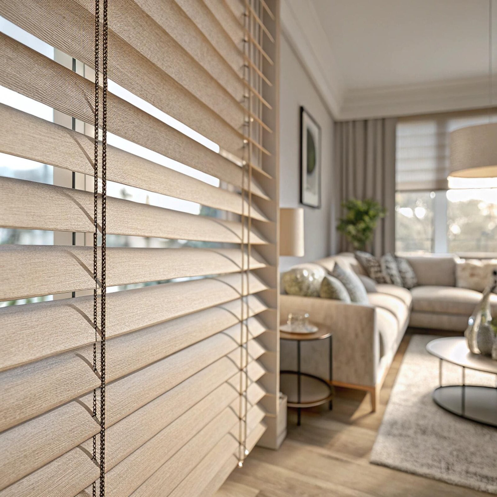 alternative text, Cozy room showing close-up of modern blinds