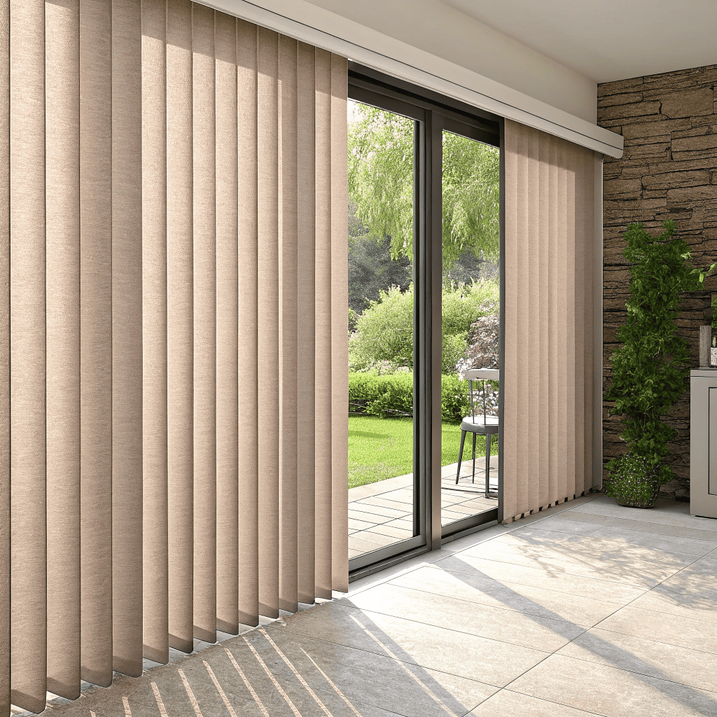 vertical blinds in sunlit room, seamless indoor-outdoor connection
