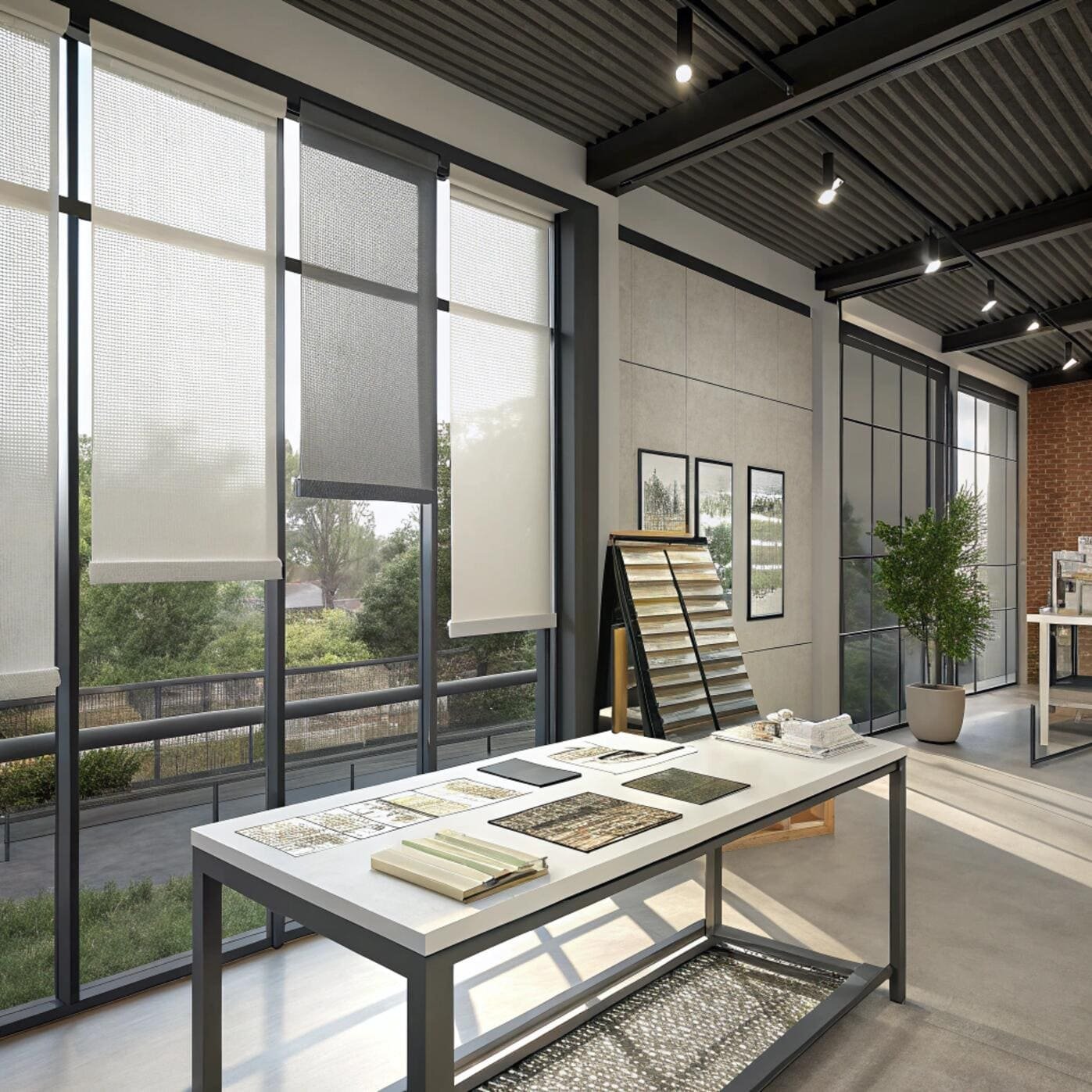 Showroom with light-filtering roller blinds and samples