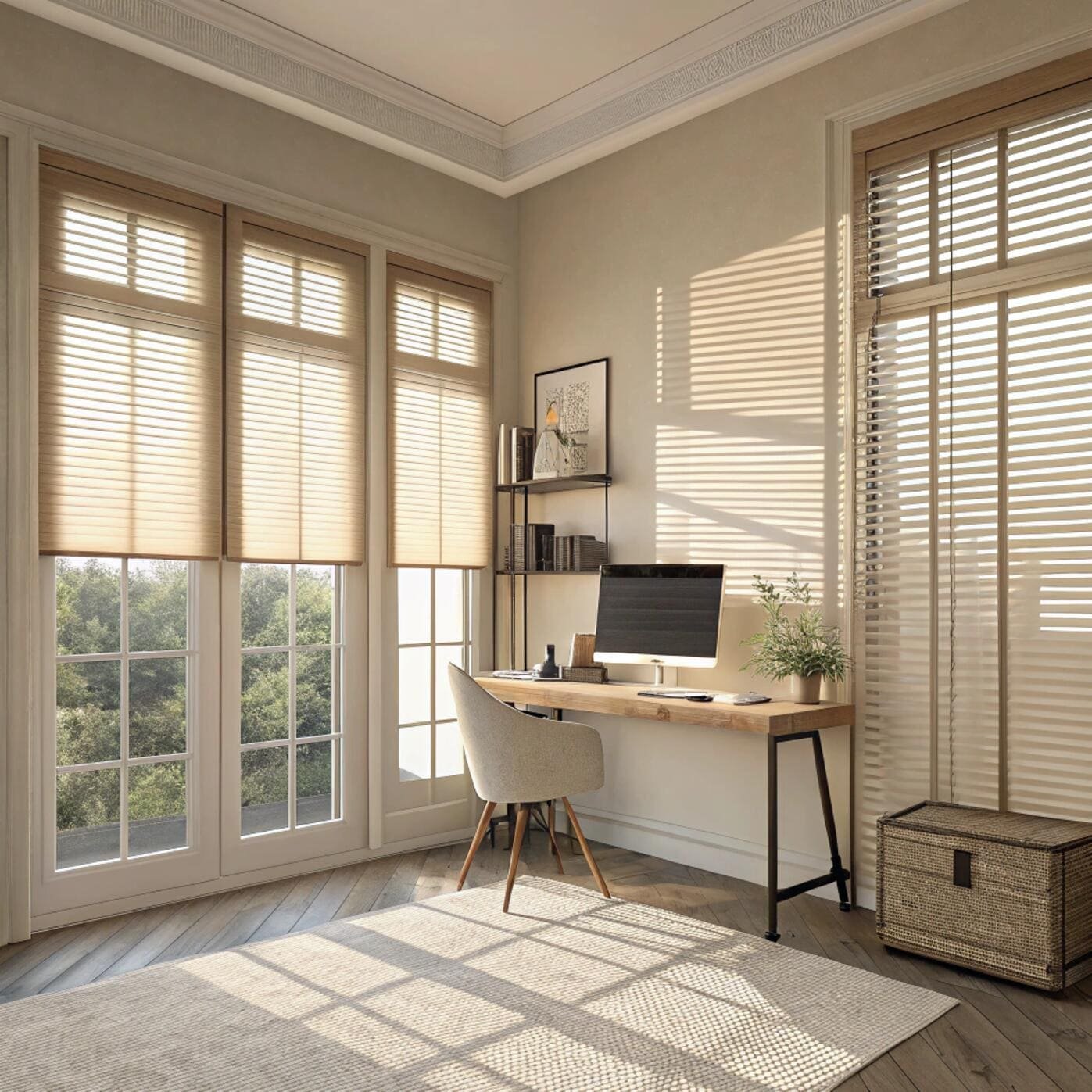 Home office with beige pleated blinds and sunlight