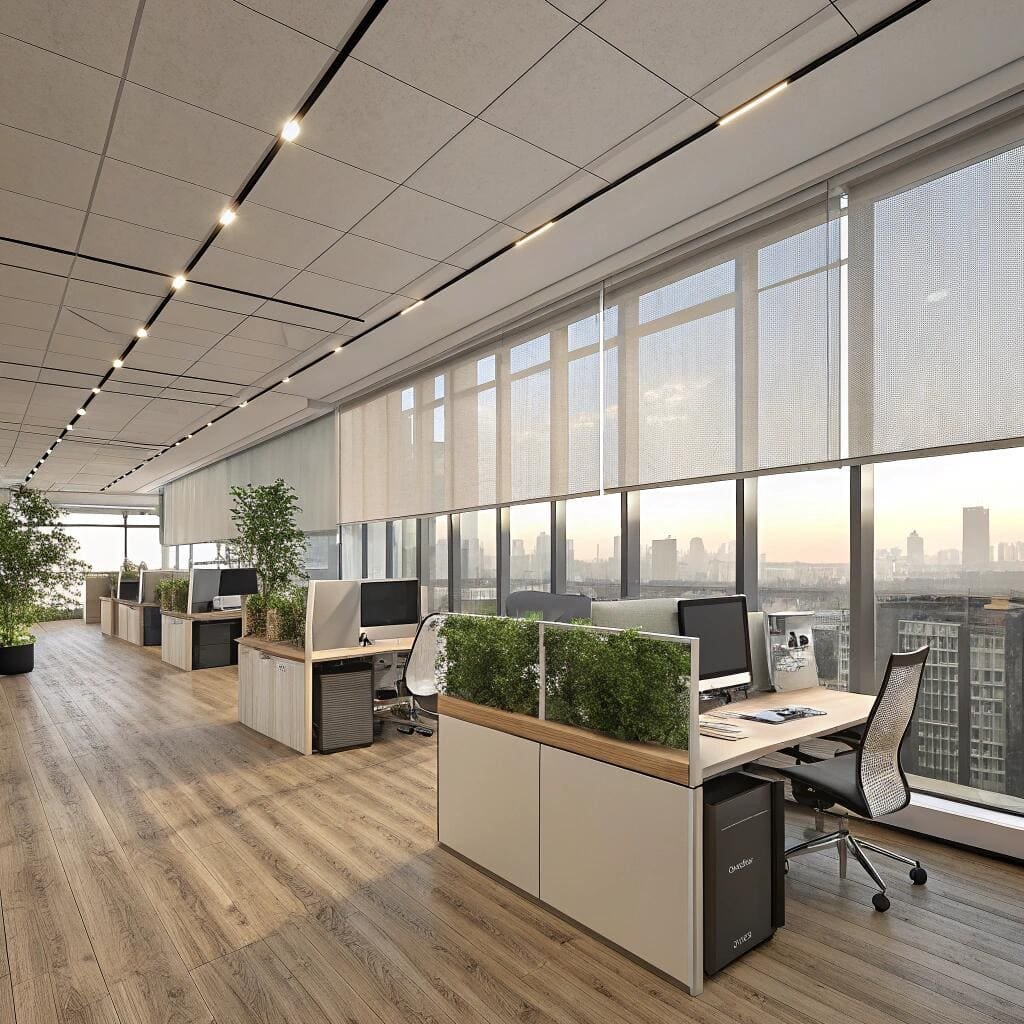 open plan workspace with automated solar shades and inspirational city views