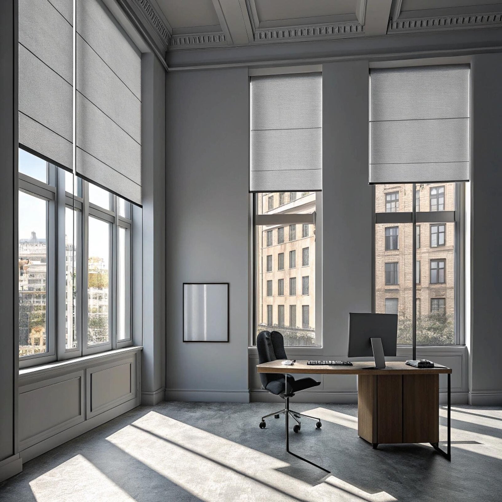 contemporary office with sleek roller shades in bright daylight