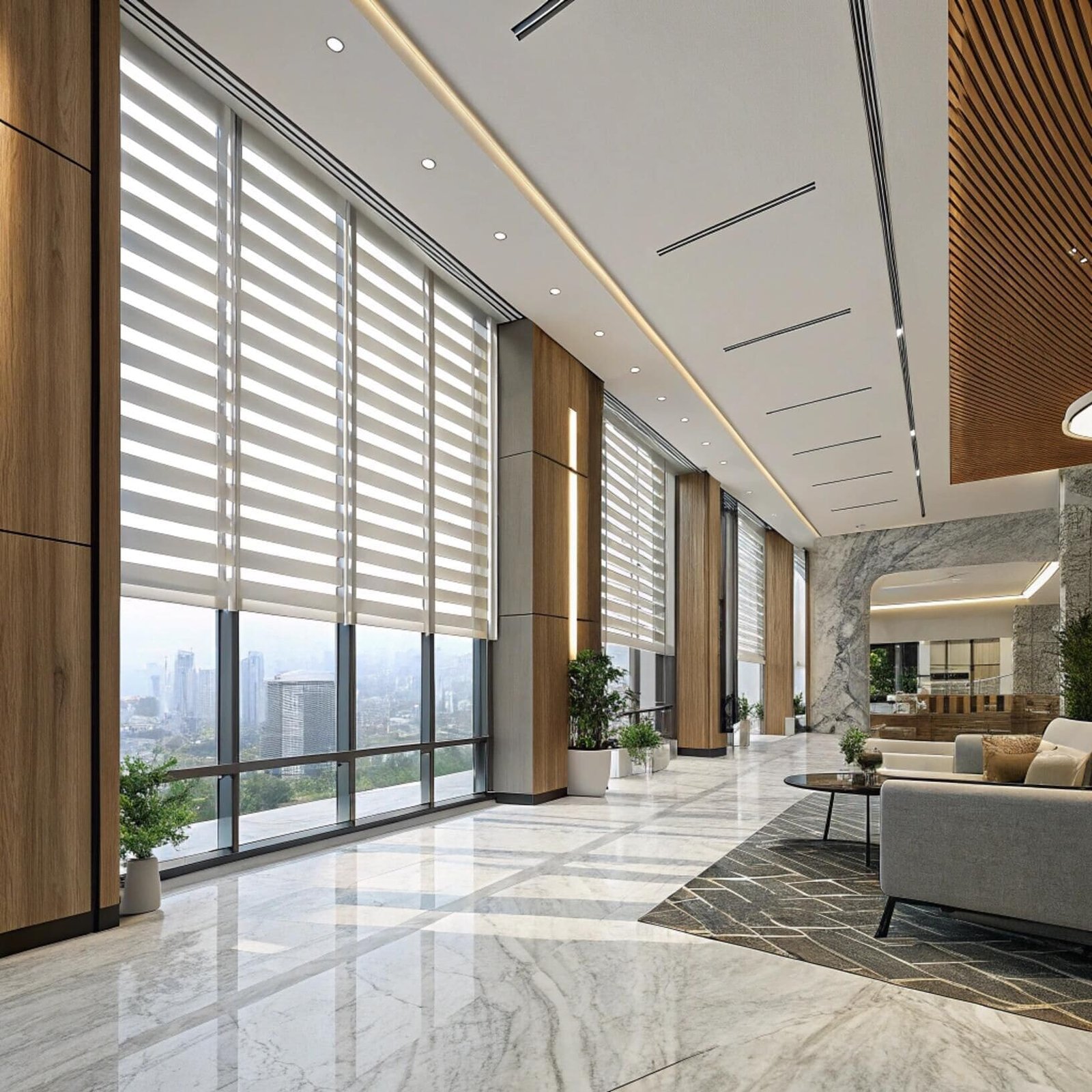 Hotel lounge with large windows and zebra roller blinds