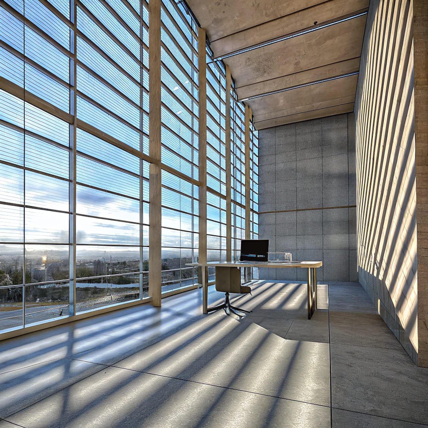 Office space with large windows, blinds accentuating natural light