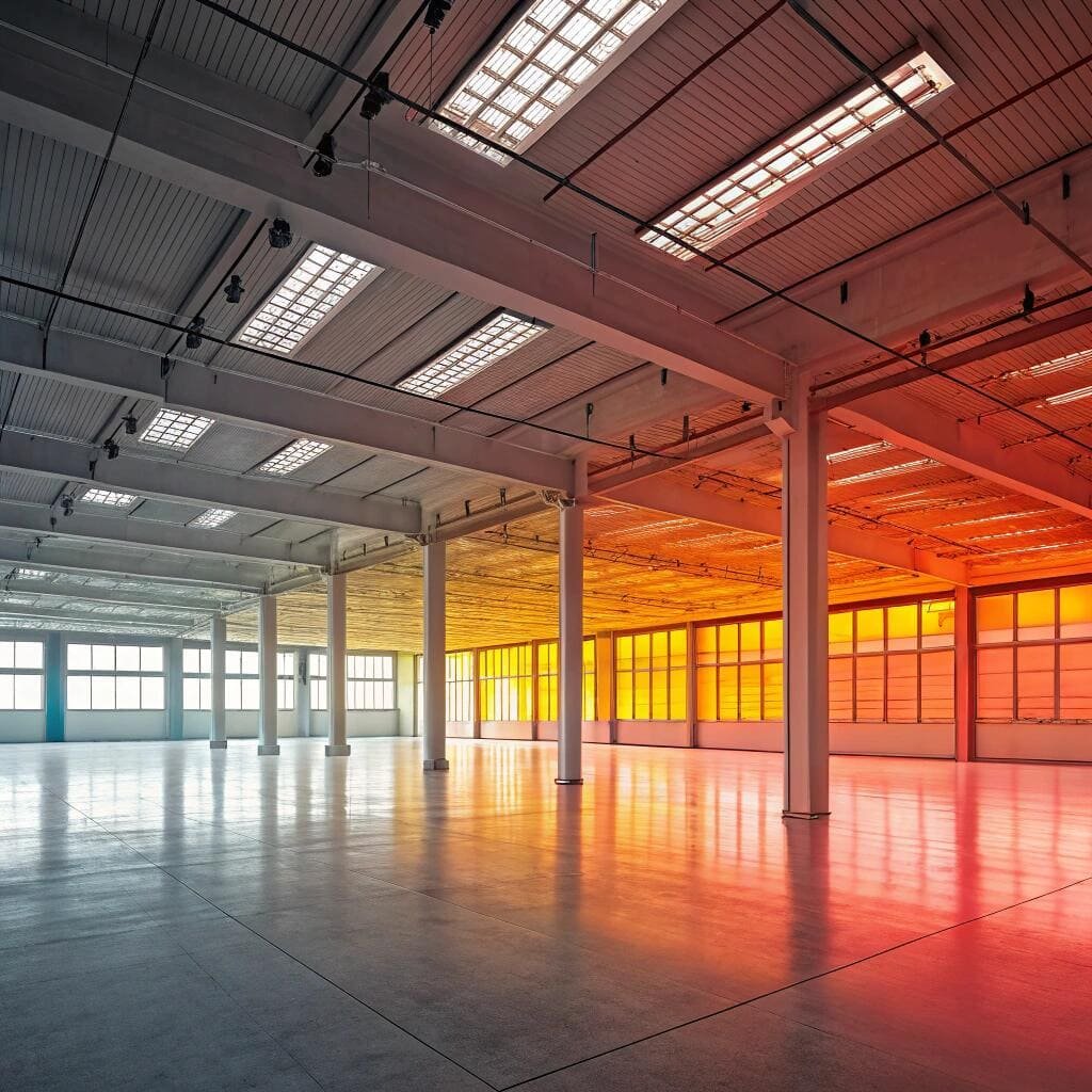 Spacious empty industrial hall with tinted glass and skylights