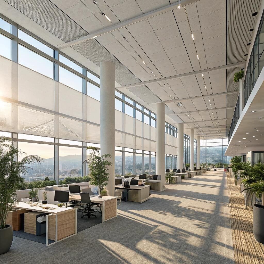 Open-plan office with panoramic windows and sheer blinds