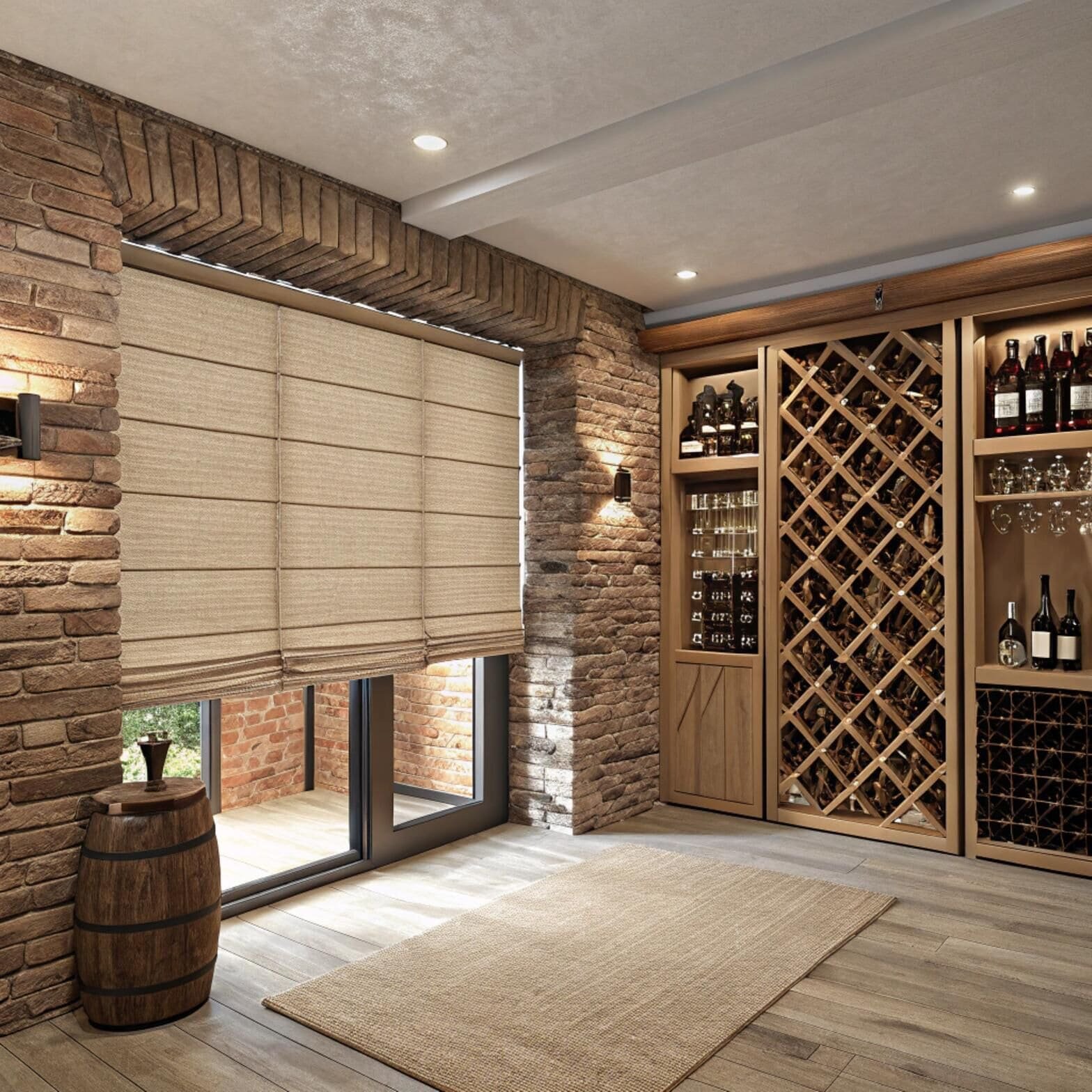 Wine cellar with brick walls and roman shades