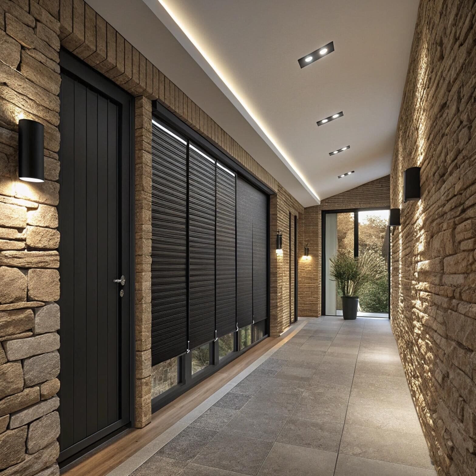 Hallway with black pleated blinds and stone walls