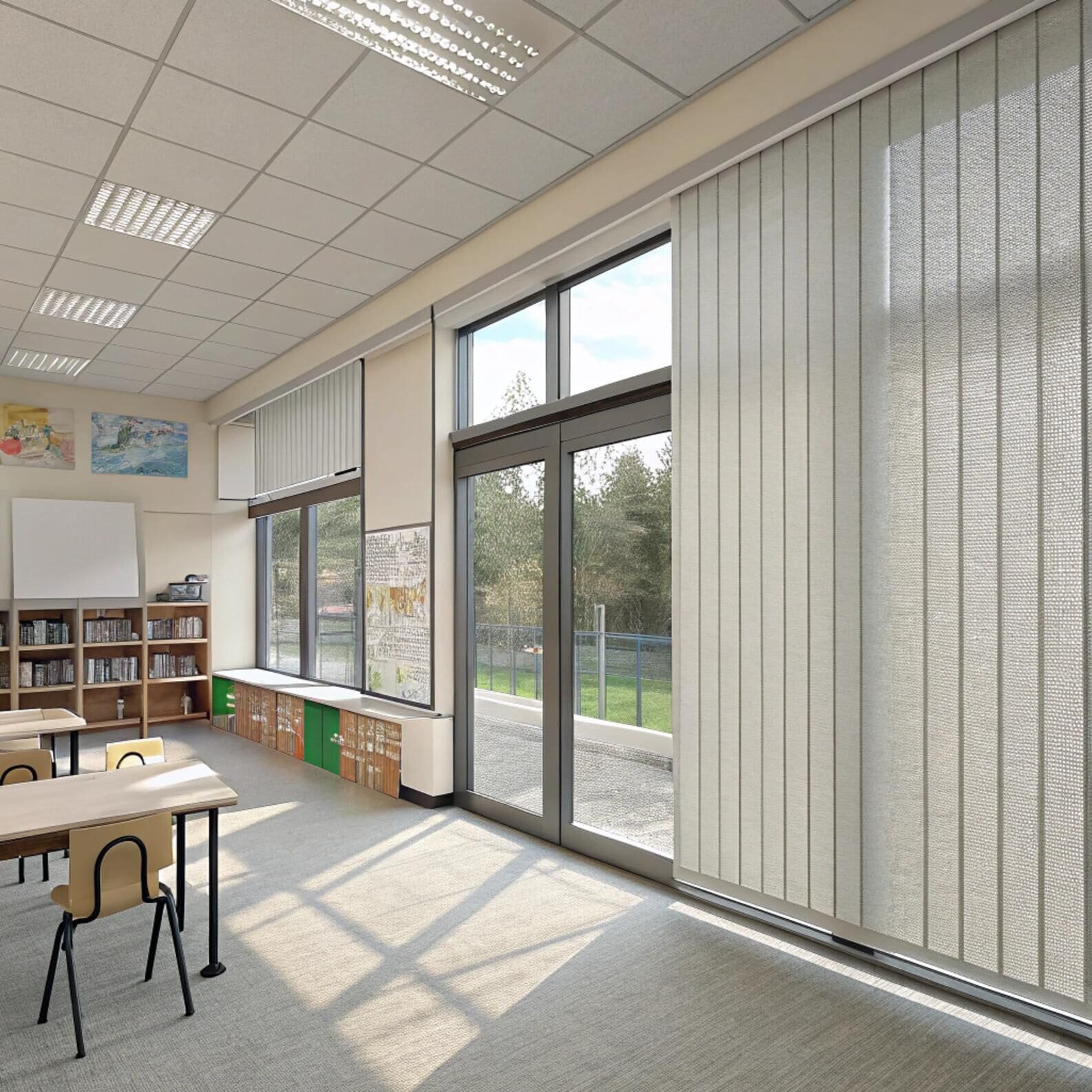 Classroom with light-filtering vertical blinds