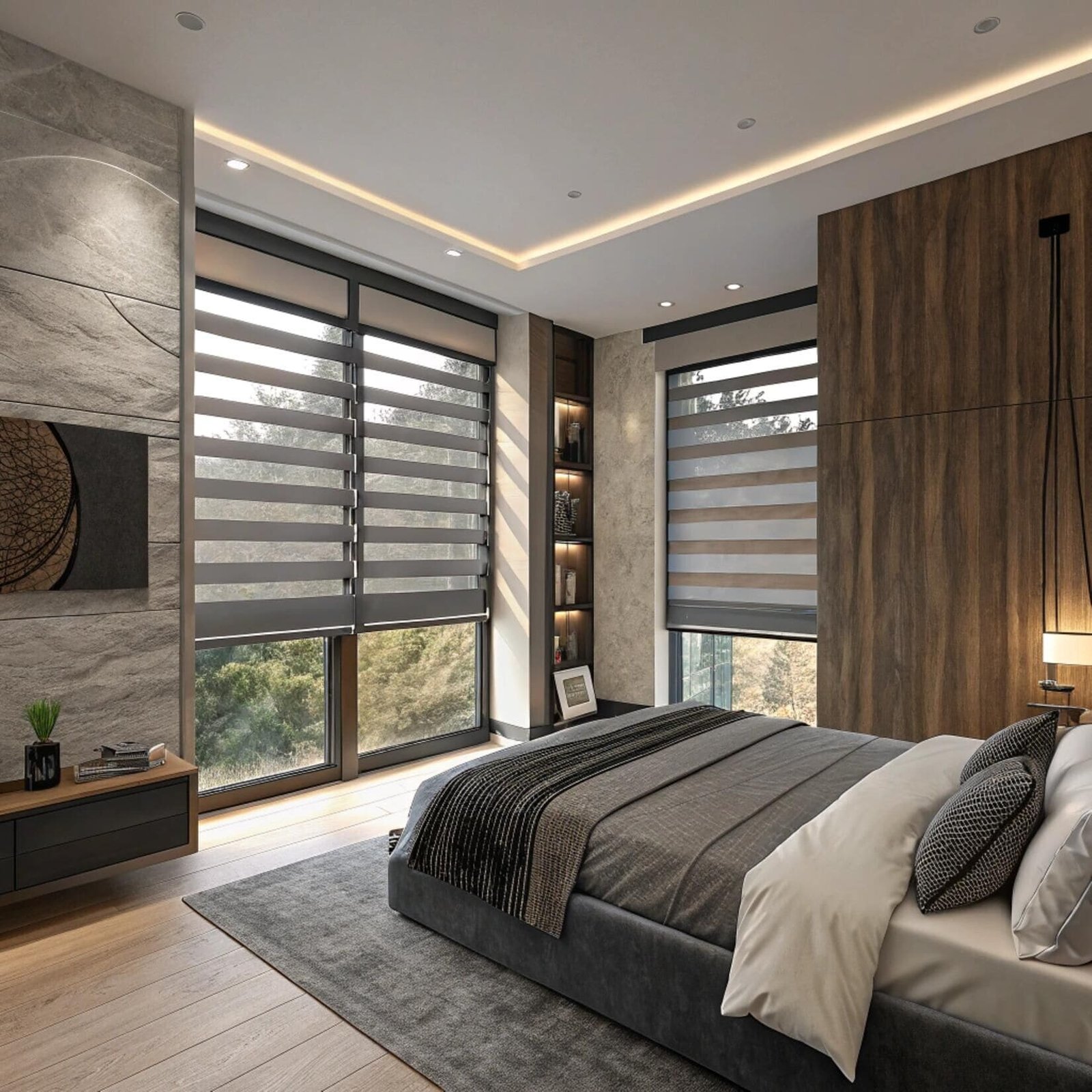 Bedroom with dark grey zebra roller blinds