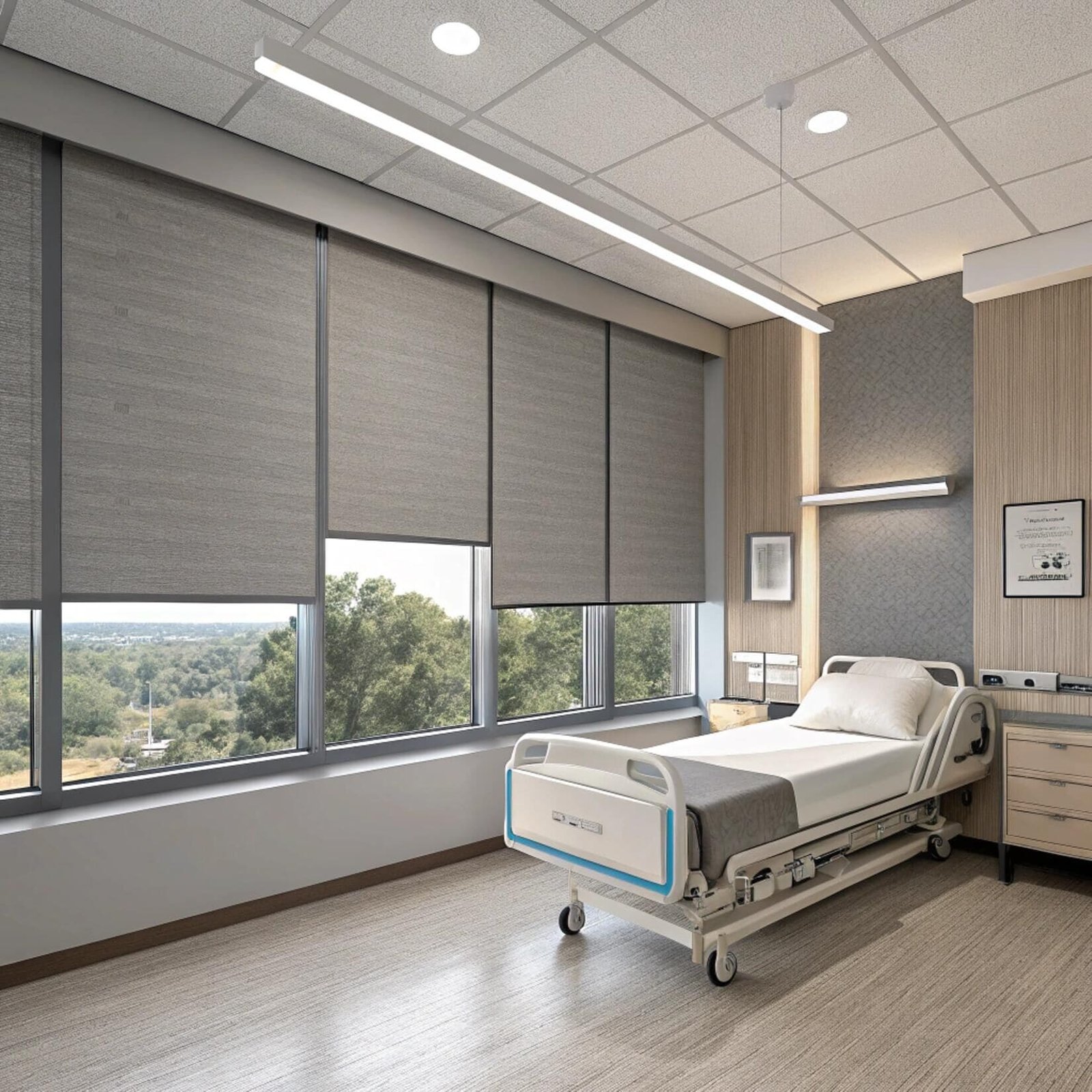 Patient room with blackout roller shades installed