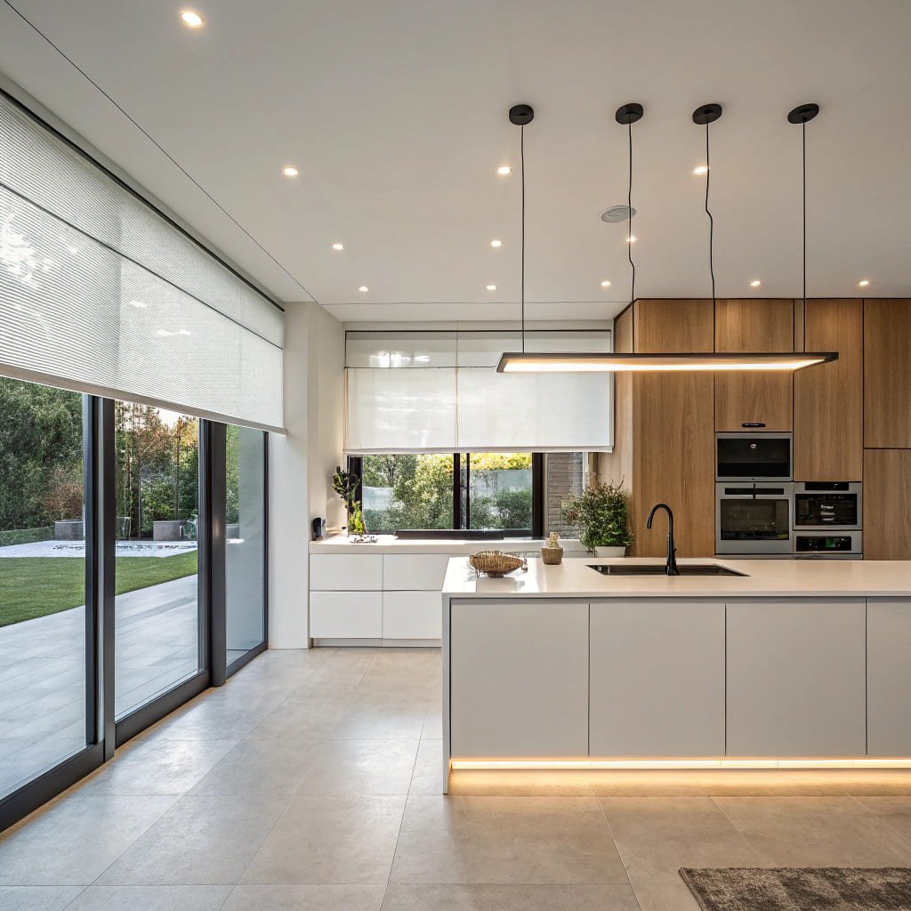 Modern kitchen featuring smart blinds for energy efficiency