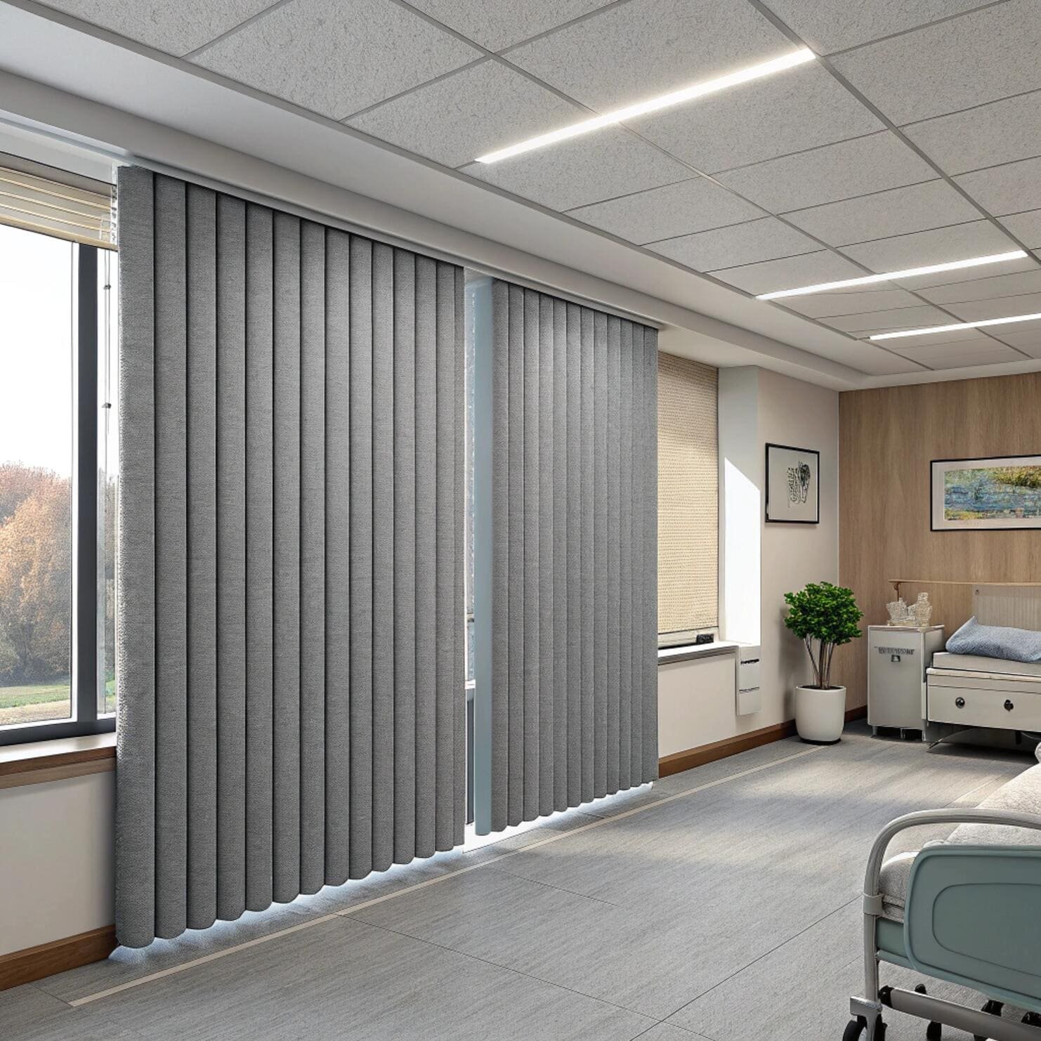 Hospital patient room with grey vertical blinds