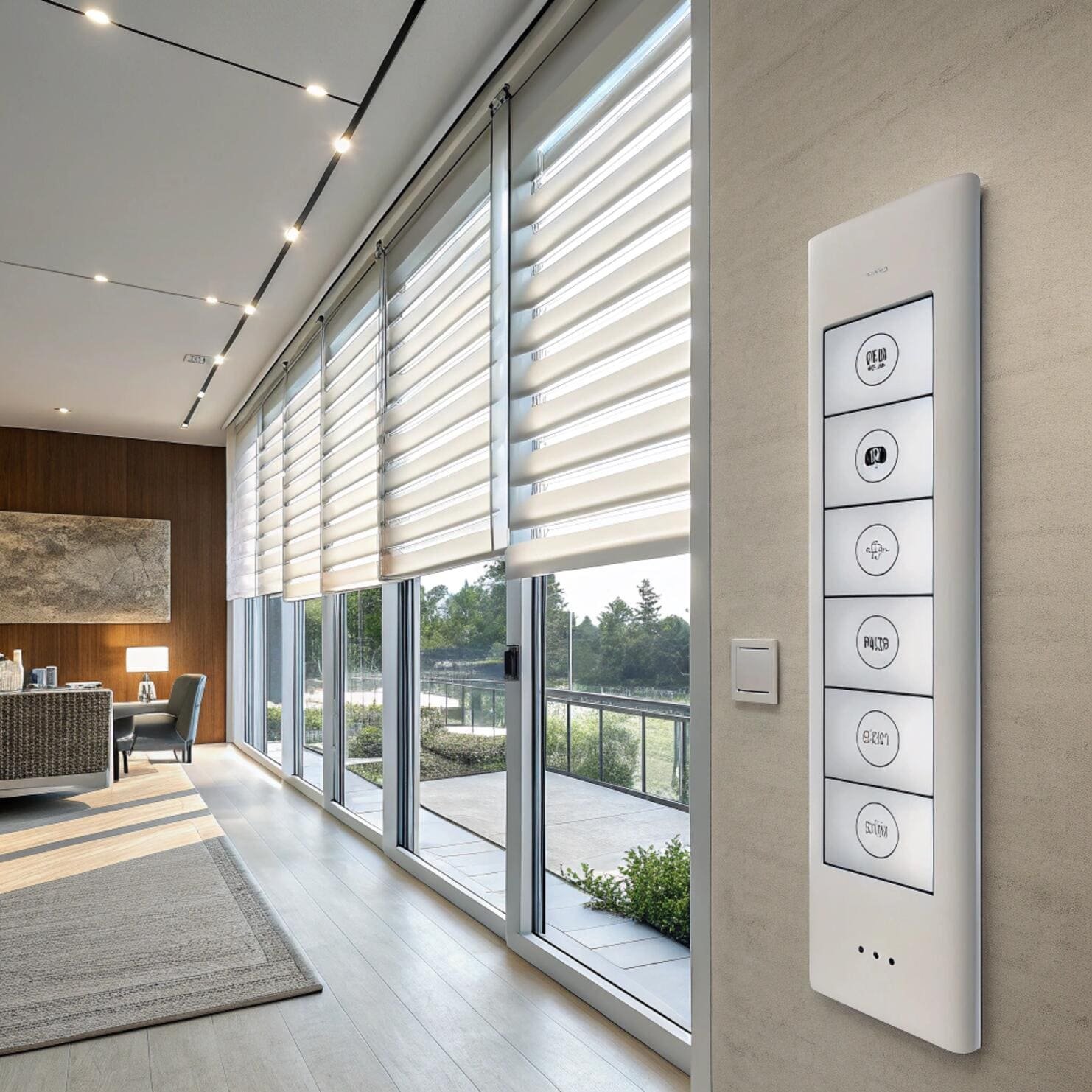 Office with smart motorized blinds and wall control