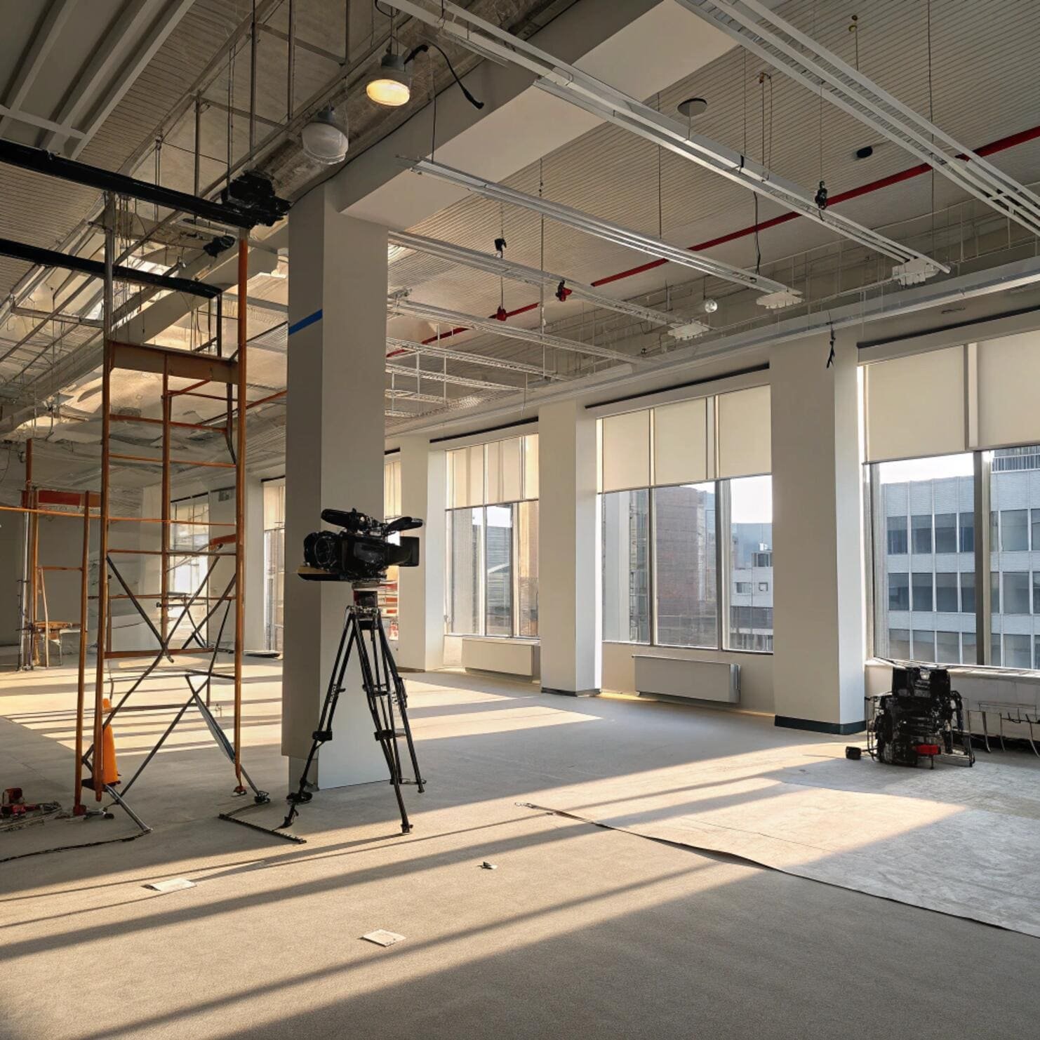 Modern office under construction with roller shades