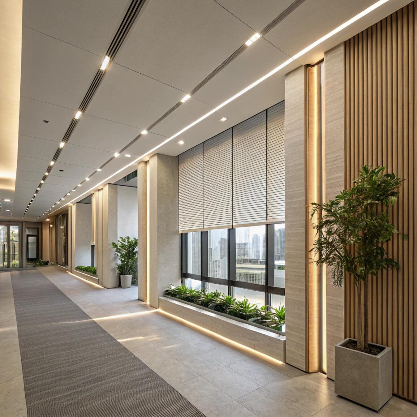 Wide bright hallway with pleated blinds and planters