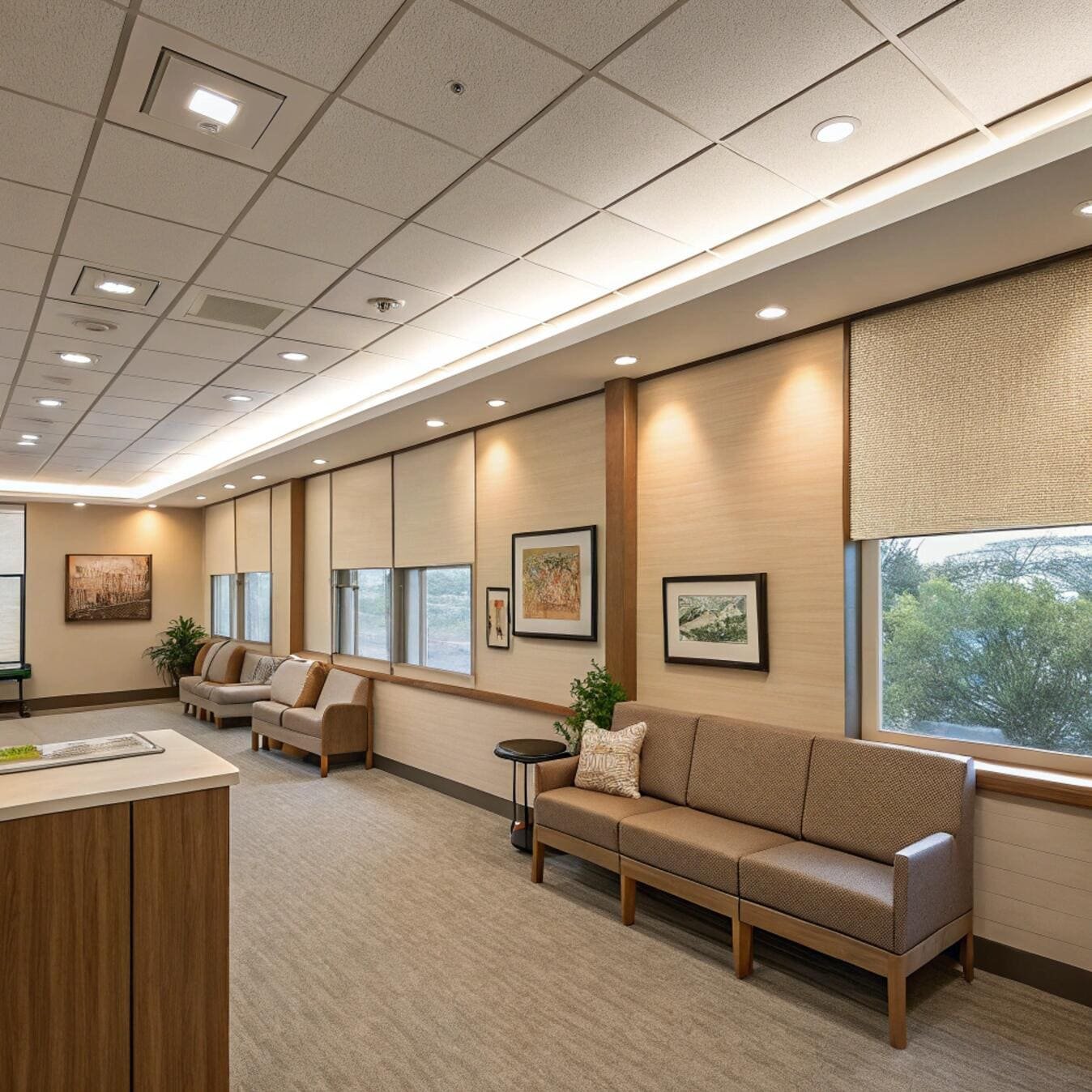 Comfortable waiting area with textured fabric blinds