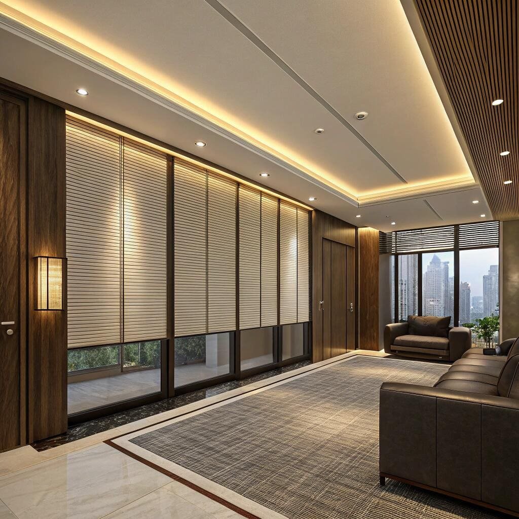 Business lounge with honeycomb blinds and leather sofas