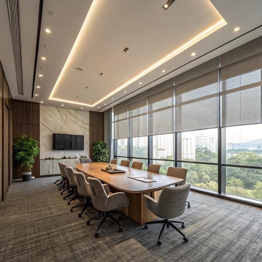 Large conference room with energy-saving honeycomb blinds