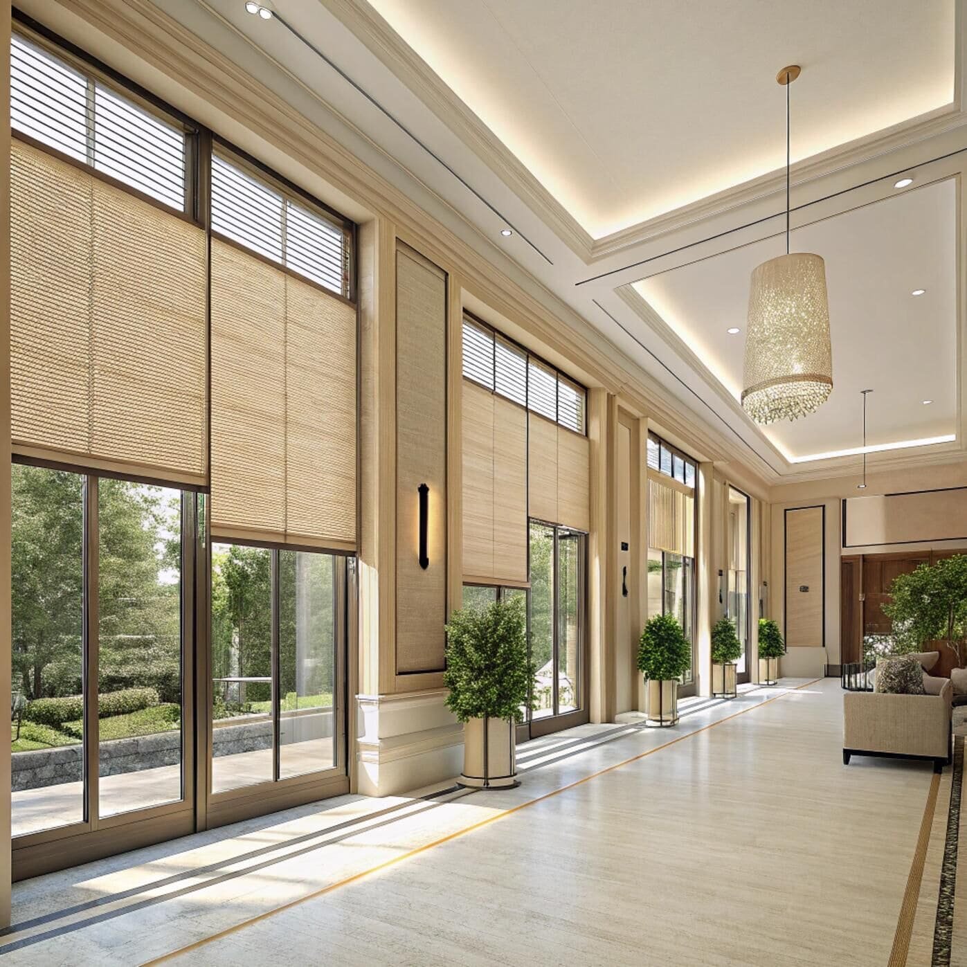 Luxury lobby with tall wooden roller blinds and plants