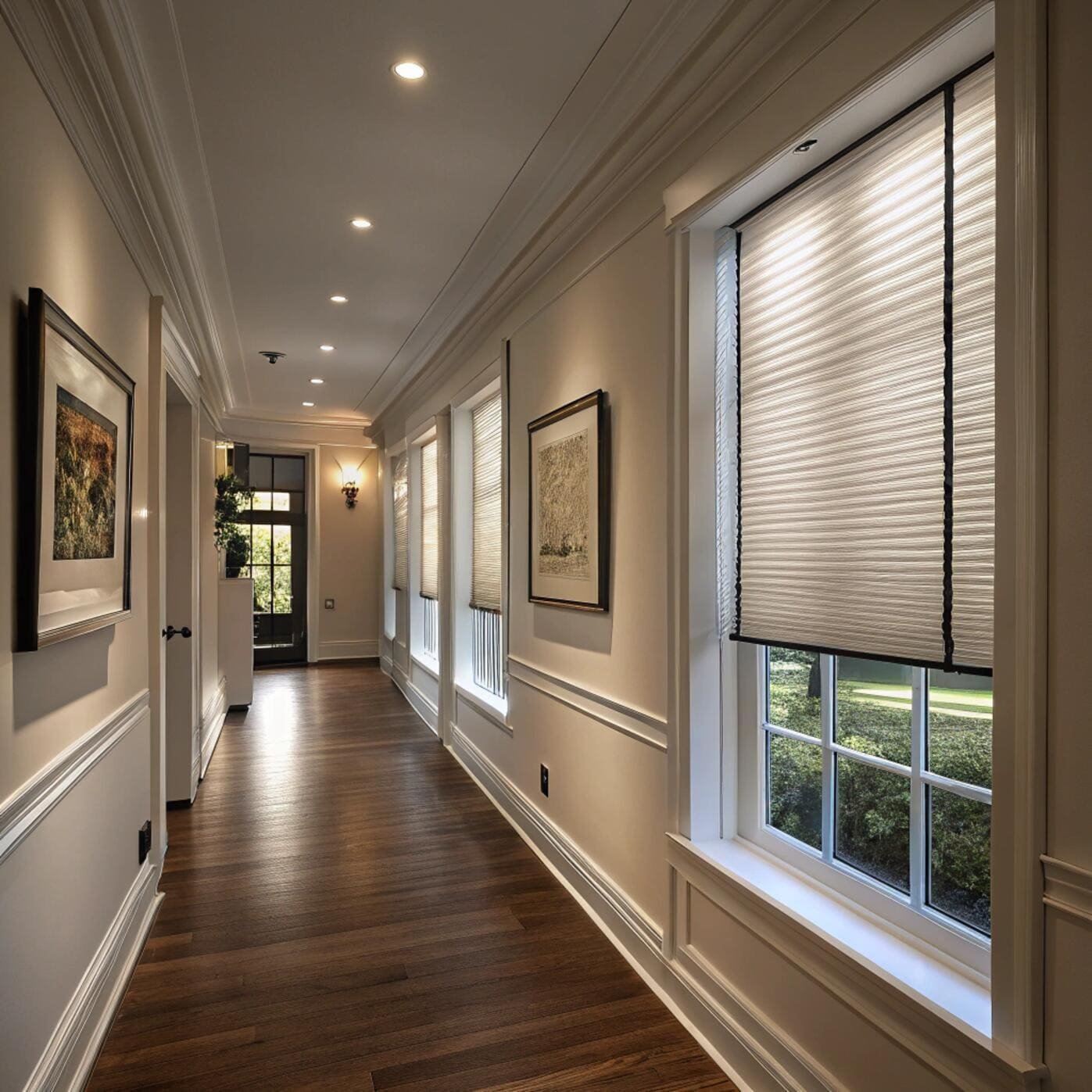 Classic hallway with light filtering honeycomb blinds