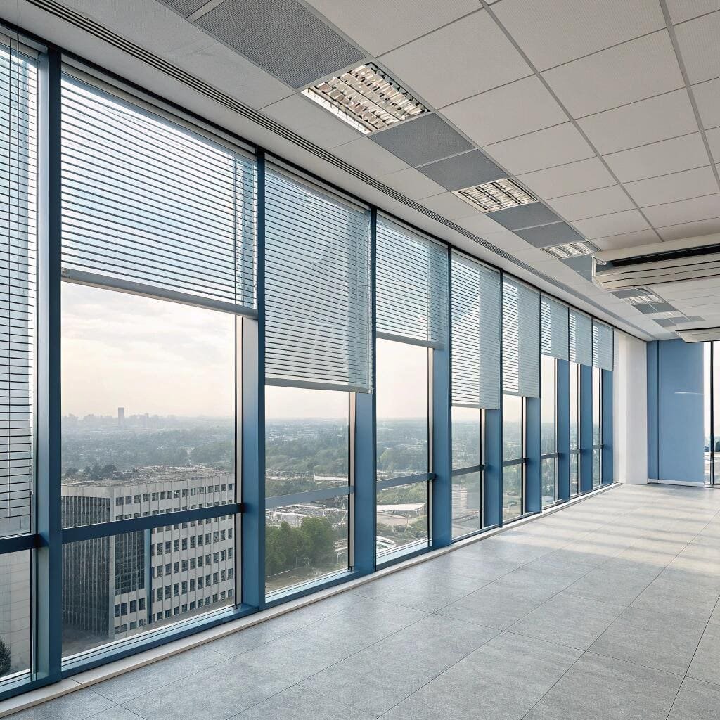 office view with modern blinds, enhancing [energy efficiency](https://www.apge.com/blog/the-impact-of-window-treatments-on-energy-efficiencythe-impact-of-window-treatments-on-energy-efficiency)[^2] and natural light