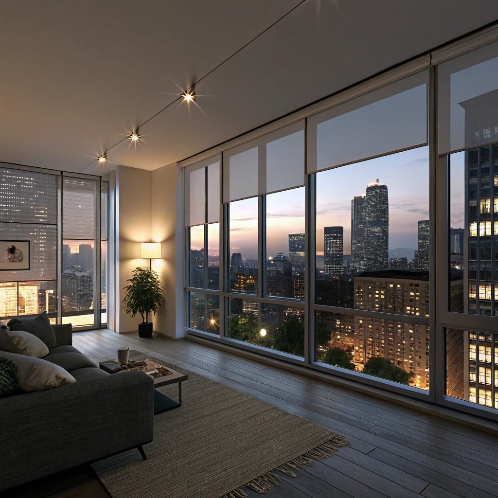 Night view living room with city lights, highlighting smart control blinds